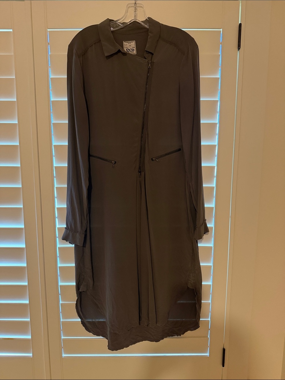 Long Taupe Zipper-Front Long Sleeve Dress